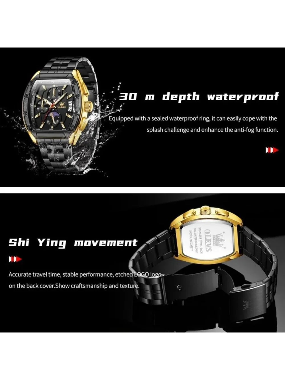 Men's Black Chronograph Rectangle Stainless Steel Luminous Quartz Classic Watch